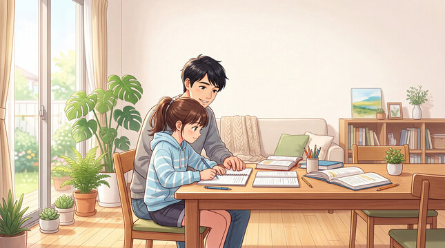 リビングで娘の勉強をやさしく教える父親のアニメ風イラスト
家で学習する女の子と寄り添う父親のあたたかい日常シーン
リビング学習で宿題に取り組む子供と見守る親のイラスト
日光が差し込む明るい部屋で勉強を教える親子
家庭学習と親子のコミュニケーションを描いたアニメ調イラスト