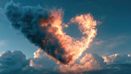 Obraz premium Fiery heart-shaped cloud illuminates a sunset sky with soft clouds
