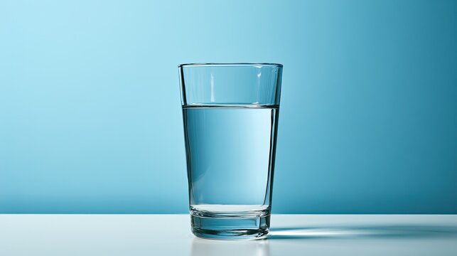Clear liquid in a tall glass, brightly lit against a blue backdrop