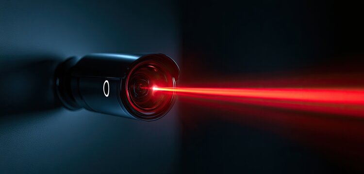 Security camera emitting a bright red laser beam into darkness