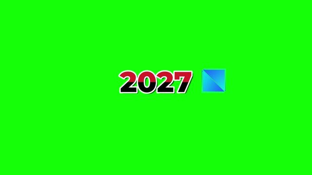 Year 2027 typography graphic and blue square icon stand out on a solid bright green background.