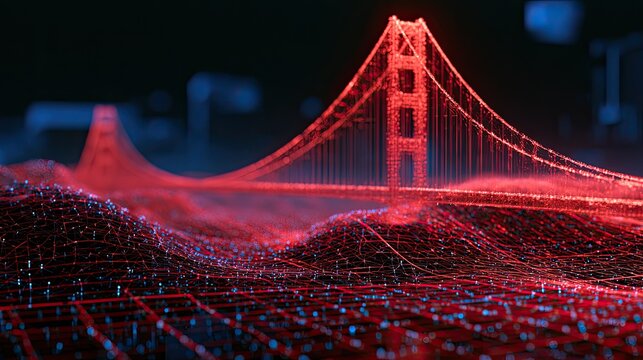 Futuristic glowing bridge and digital landscape with red and blue light