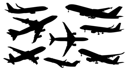 Obraz premium Detailed collection of black airplane silhouette vector icons isolated on a clean white background design element