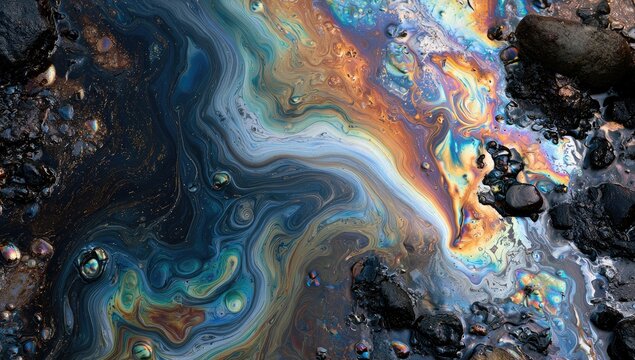 Iridescent oil slick on dark water with rocks and reflections