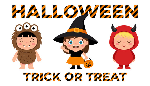 Cute Halloween Trick or Treat character illustration with children dressed as witch, devil and monkey costumes for festive seasonal designs