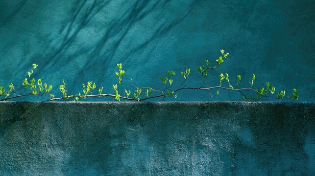 New green growth emerges from a concrete ledge against a textured blue wall