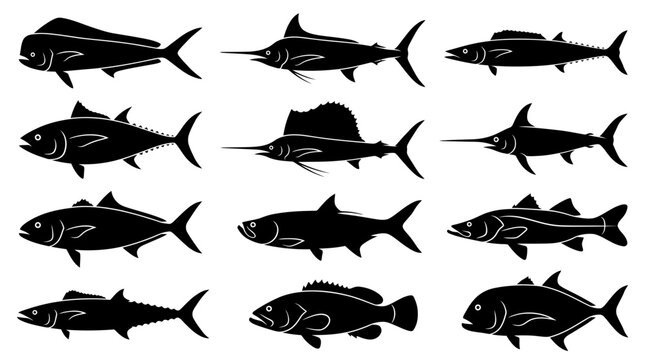 Detailed set of black fish silhouettes isolated on white background for marine life graphic design projects