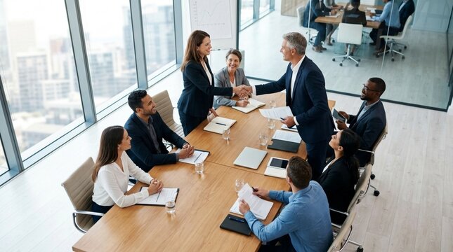 Business partners shaking hands at modern boardroom meeting, diverse team present