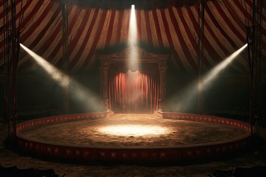 Empty circus ring illuminated by spotlights under a red and white striped tent
