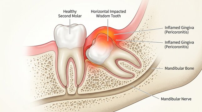 Horizontal impacted wisdom tooth dental anatomy diagram