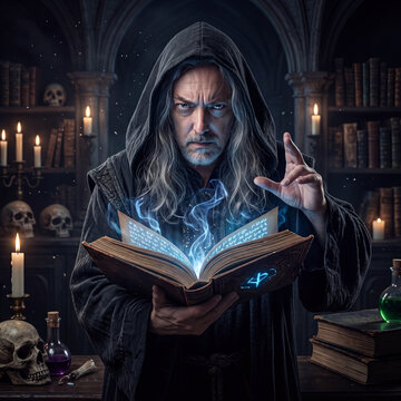 izard in a dark, candlelit library, casting a spell from an ancient grimoire.