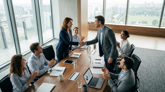 Business handshake in modern office, team celebrating success at conference table.