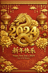 Obraz premium A festive Chinese New Year greeting card in traditional red envelope style. Featuring a golden dragon design symbolizing wealth, health, and happiness for the Year of the Dragon.