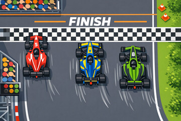 Obraz premium Three Formula One cars racing to cross the finish line. The image captures a moment of intense competition as drivers vie for the top spot.