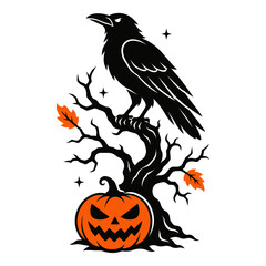 Fototapeta premium Raven Perched on a Gnarled Branch with Autumn Leaves and a Jack-O'-Lantern. Halloween Illustration, Spooky Design, Vector Graphic.