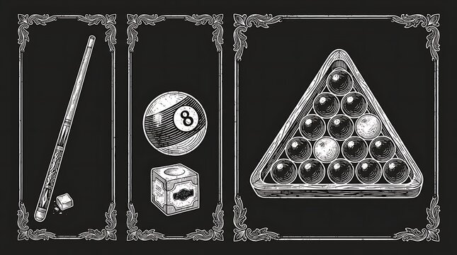 Chalk style pool table equipment on black background.