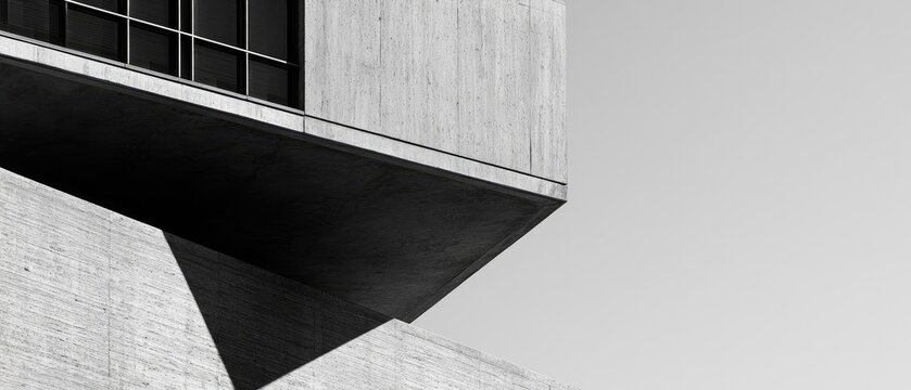Stark concrete building in monochrome, sharp angles, and shadows against sky