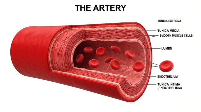 Cross section of human artery anatomy with labeled layers