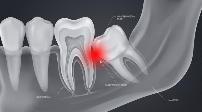 Medical illustration of impacted wisdom tooth in human jaw