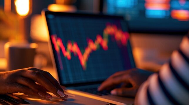 Trader hands analyzing stock chart on laptop screen with financial data graph