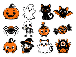 Naklejka premium Halloween Icons Set with Cute Pumpkin, Ghost, Cat, Bat, Spider, Skeleton, Witch, and Candy Illustration