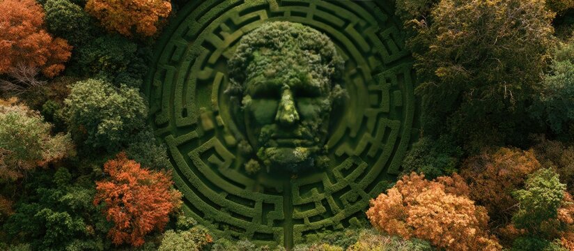 Ancient green maze shaped as a face, surrounded by autumnal trees