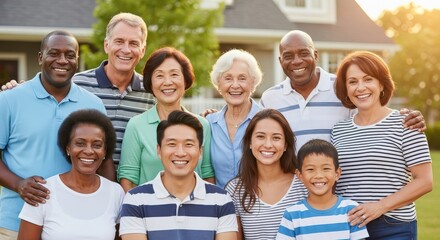 Obraz premium Diverse Multi-Generational Group of Happy Neighbors and Friends Smiling Together in Front of a Suburban Home