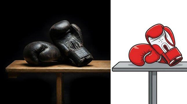 Comparison of realistic and cartoon boxing gloves.
