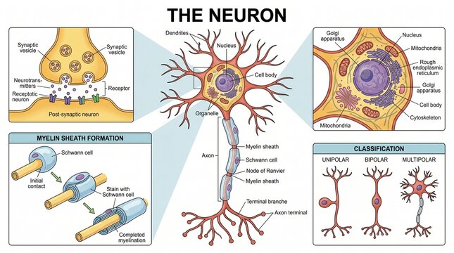 Scientific Diagram of Human Neuron Anatomy and Synapse Structure