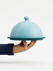 Fototapeta premium 3D Illustration of a Hand Holding a Blue Restaurant Cloche Food Cover on a Tray Isolated on White Background