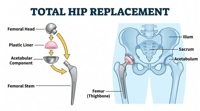 Medical illustration of total hip replacement surgery components