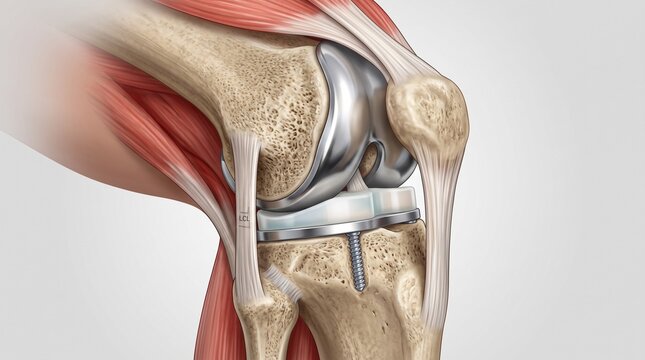 Medical illustration of total knee replacement surgery with labels