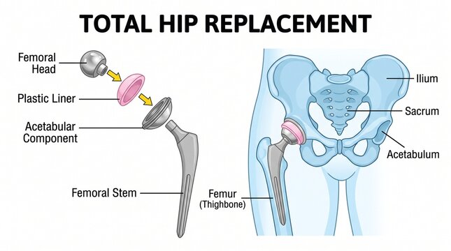 Medical illustration of total hip replacement surgery components