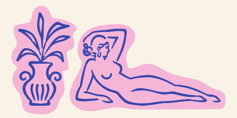 Naklejka premium Reclining Female Figure with Decorative Vase Doodle Illustration