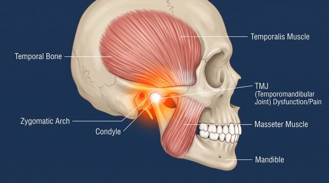 Medical illustration of human skull profile showing TMJ pain