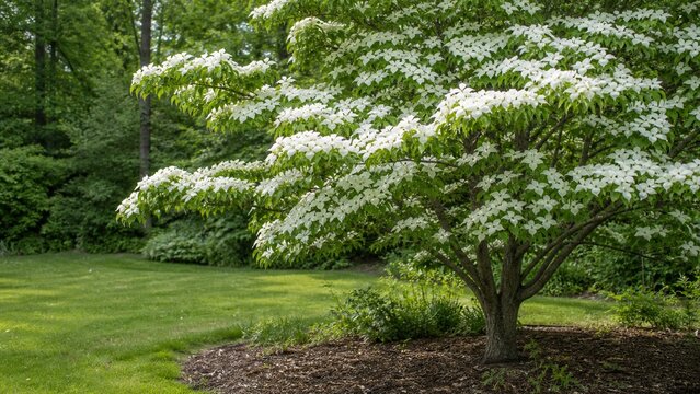 White dogwood tree blooming in a lush green backyard