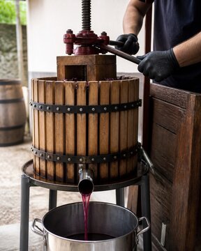 Person pressing grapes in a traditional wooden wine press, with juice flowing into a steel pot