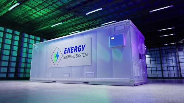 3d rendering energy storage systems or battery container units in factory under neon light 4k footage