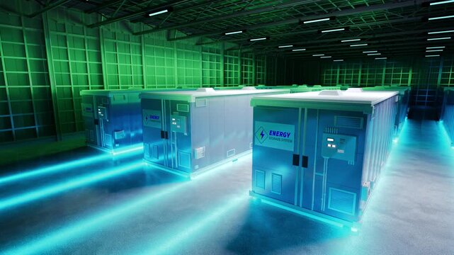 3d rendering amount of energy storage systems or battery container units in factory with neon light 4k footage