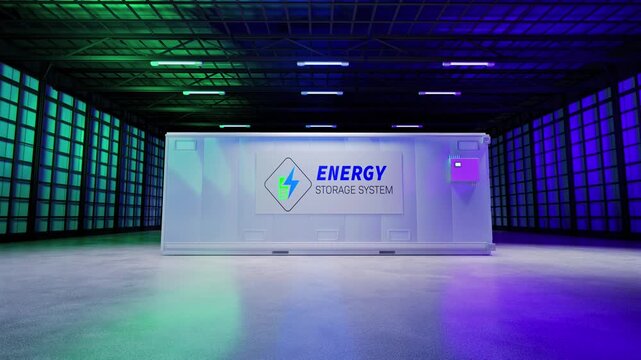 3d rendering energy storage systems or battery container units in factory under neon light 4k footage