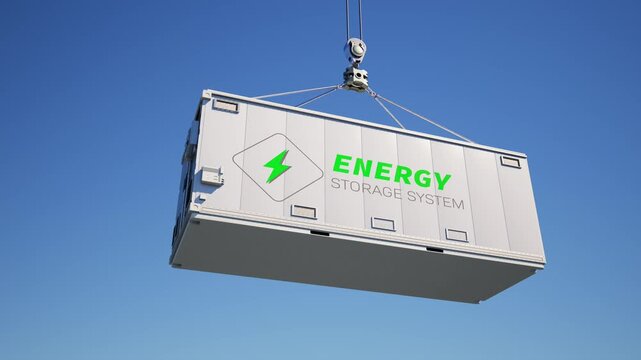 3d rendering white energy storage system or battery container unit hanging in blue sky 4k footage