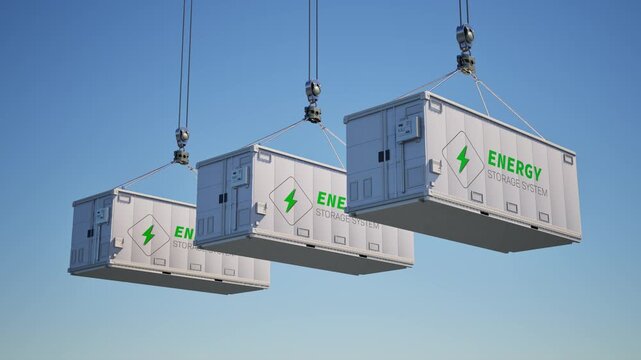 3d rendering group of white energy storage systems or battery container units with blue sky background 4k footage