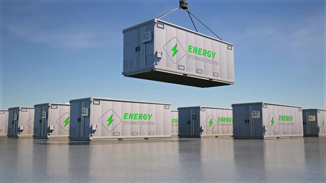 3d rendering white energy storage system or battery container unit hook and lower with blue sky background 4k footage