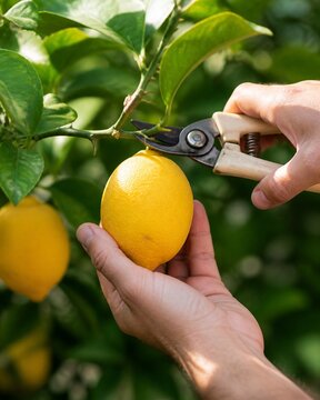 Hands harvesting a ripe yellow lemon from a tree with pruning shears