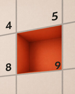 Orange 3D Open Box on Grid Background with Numbered Corners, Geometry, Mathematics, Measurement and Spatial Visualization Concept
