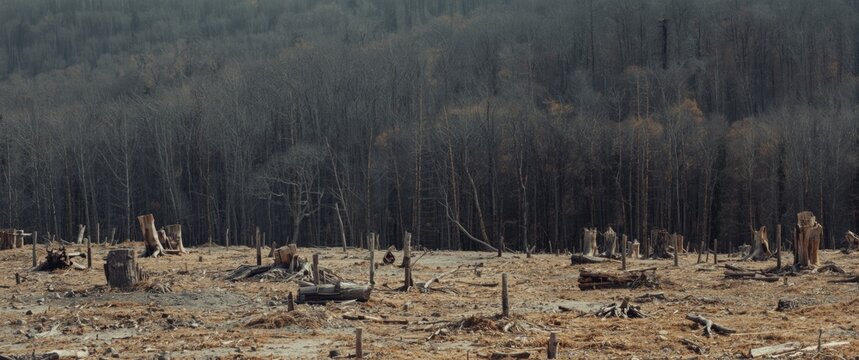 Deforested Landscape with Fallen Trees and Distant Sparse Forest in Gloomy Atmosphere
