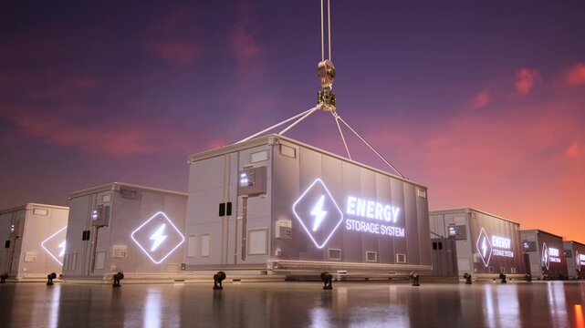 3d rendering energy storage system or battery container unit hook and lower with sunset sky 4k footage