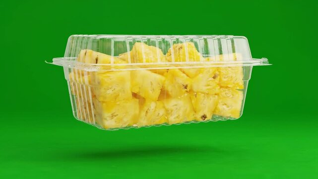 Freshly cut pineapple chunks in a clear plastic container floating on green background