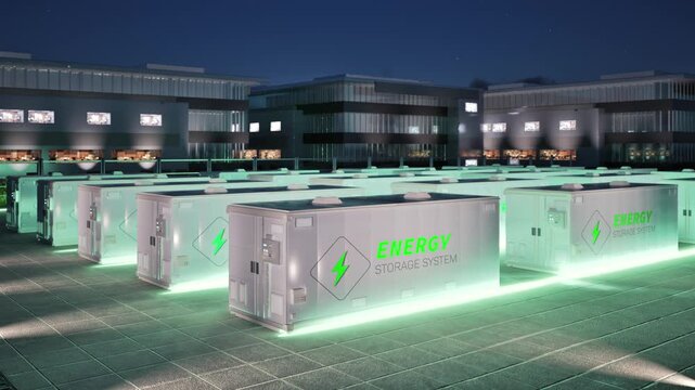3d rendering energy storage system or battery container unit for data center at night 4k footage