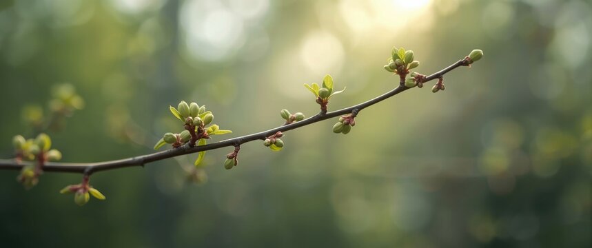 Young Budding Branch with Green Leaves in Soft Morning Light